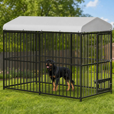 8x4x6 ft Large Metal Dog Kennel, Outdoor Heavy Duty Cage with Anti‑UV Waterproof Roof, Lockable Door & Feed Access