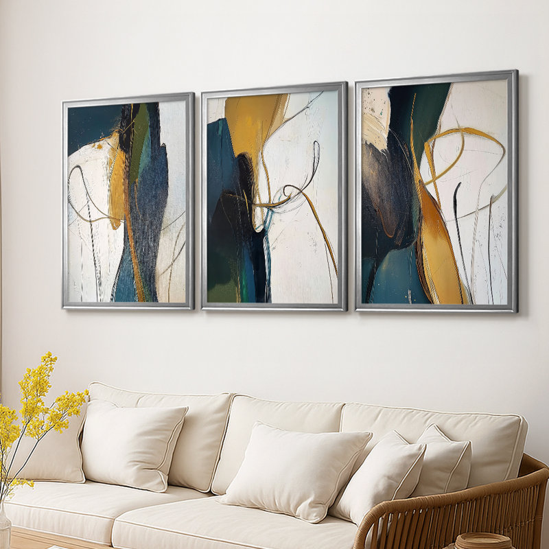 ABSTRACT Series DCxxi - Toile tendue avec châssis sur mesure - 3 pièces, H 19 po x l 27 po, Argent argent
