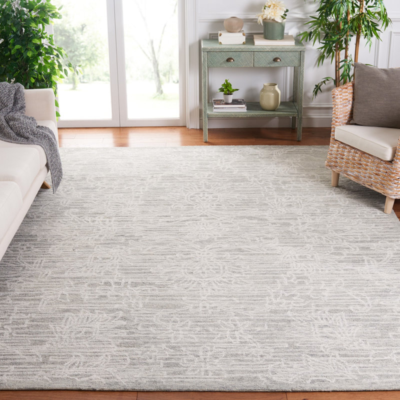 Roslyn Hand Tufted Wool/Cotton Floral Rug in Light Gray/Ivory, Rectangle 3' x 5'