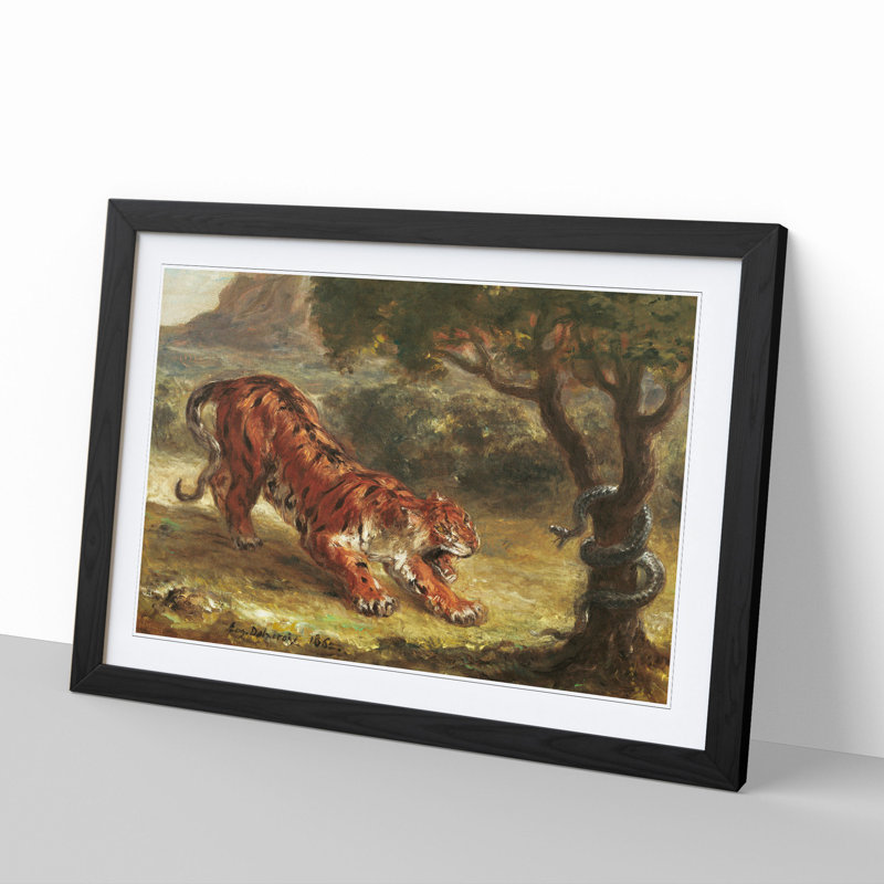 Tiger and Snake by Eugene Delacroix - Picture Frame Painting on MDF, Black, 27cm H x 36cm W x 2cm D