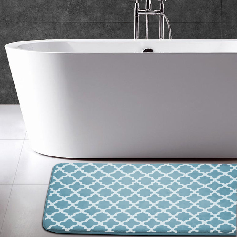 Tapis pour salle de bain en flanelle à mémoire de forme rectangulaire à motif géométrique imprimé Kalopsida, Aigue-marine