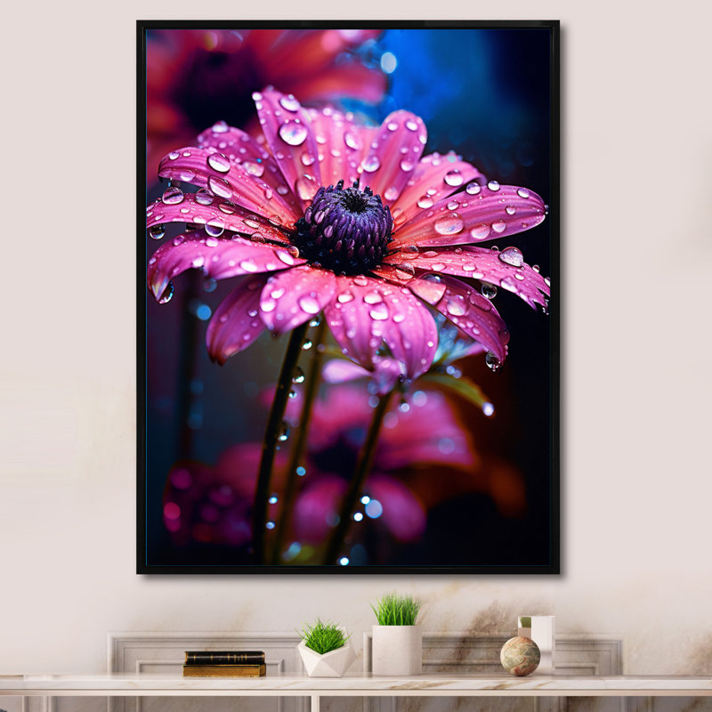 «Dew Drops on Pink Marguerite Flower», reproduction sur toile, Cadre flottant noir, H 20 po x l 12 po x P 1 po