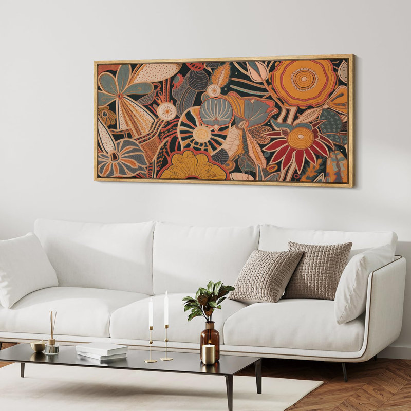 Abstrait botanique abstrait floral et faune bohème vibrant, H 30 po x l 60 po, Naturel