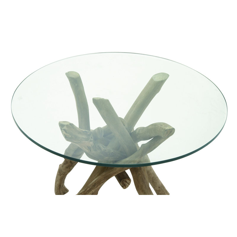 Brown Ivanelle Wood Handmade Tree Branch Side End Accent Table with Clear Glass Top