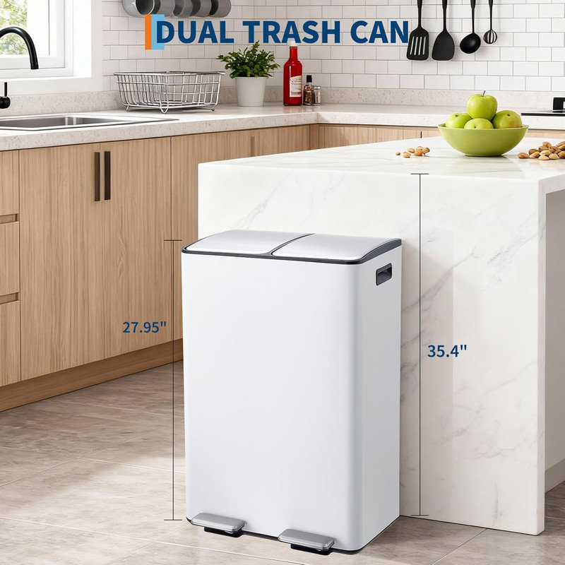 Poubelle de recyclage à double compartiment en acier inoxydable 16 gallons à double poubelle pour cuisine, Blanc