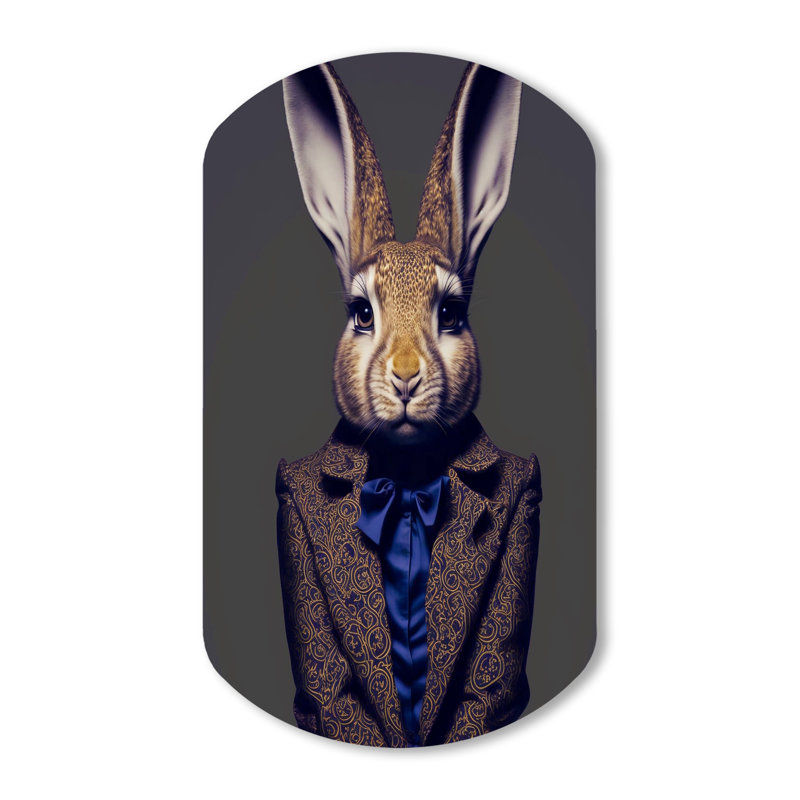 Fancy Rabbit In a Grey and Blue suit - Art mural en forme de cylindre animaux en forme de cylindre, H 31 po x l 19 po