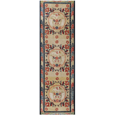Rustic Light Color Foo Dog Design Antique Chinese Ningxia Hallway Runner Rug