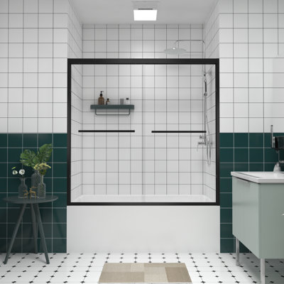 5660"X58" Aluminum Frame Double Sliding Bathtub Screen,Bypass Bathroom Sliding Door With Premium 1/4" (6Mm) Clear Tempered Glass, Black Hardware Sliding Glass Shower Enclosure,Matte Black Finished