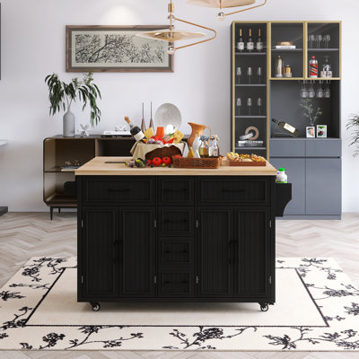 56.50" Kitchen Island With Drop Leaf, Power Outlet and Adjustable Shelves