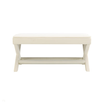 Beige Velvet Comfort Double Bench, Upholstered Ottoman Stool With Stylish X-Crossed Legs, Comfort Cushion With Piping