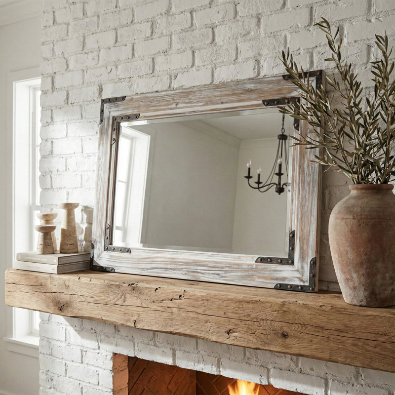 Miroir mural ferme en bois massif, Blanc délavé, 36 po x 24 po