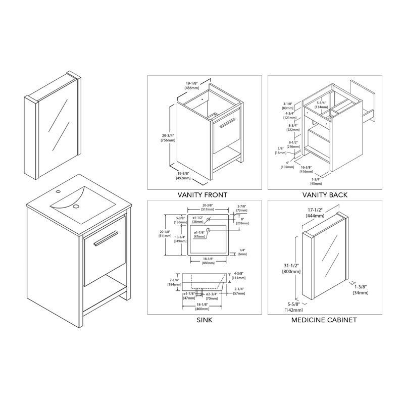 Ensemble de meuble-lavabo simple 20 po avec miroir Artemis, Blanc lustré