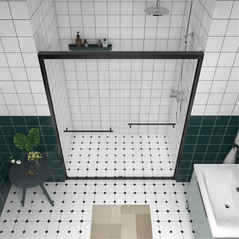 56 - 60"x74" Double Sliding Shower Door With Black Hardware, Chamfer Edged Glass, Handle, Safe Design For Bathroom Design, Mute Rollers