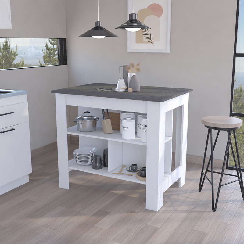 Îlot de cuisine à surface antibactérienne Brooklyn, trois tablettes dissimulées, Blanc / gris foncé