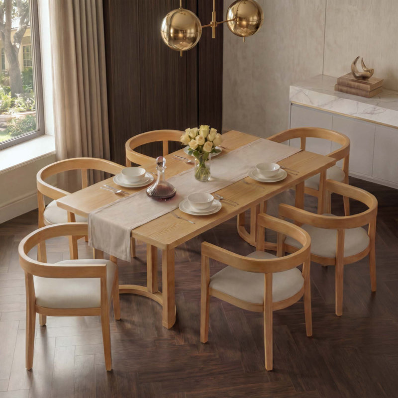 Ensemble de table de salle à manger 7 pièces pour 6 personnes, ensemble de table de cuisine rectangulaire avec 6 chaises rembourrées à dossier demi-tonneau, table de salle à manger grain de bois avec dossier incurvé et sièges rembourrés