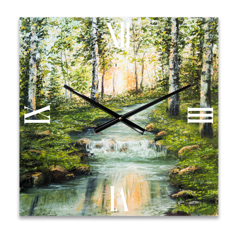 Horloge murale rivière à travers forêt de bouleaux, Très grand