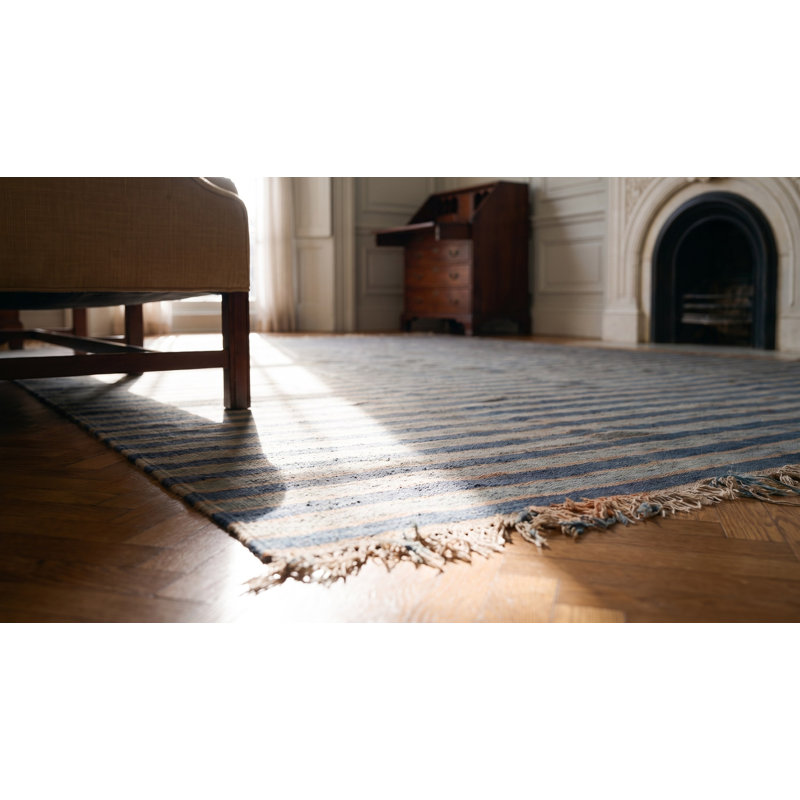 Geometric Stripes Blue and White Color Large Antique Indian Cotton Dhurrie Rug