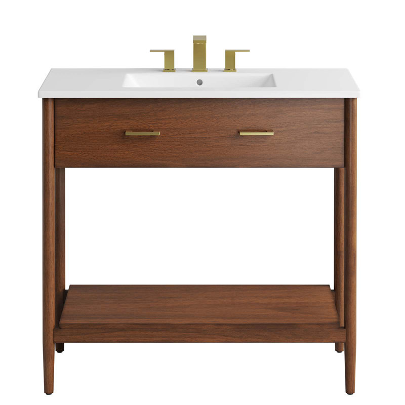 Zaire 36" Walnut White Freestanding Bathroom Vanity with Ceramic Basin