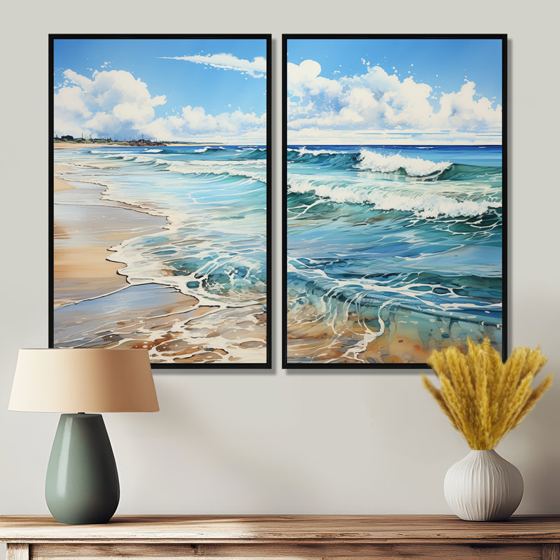 Plage bord de mer reflets pointillisme I - art mural côtier 2 panneaux, H 36 po x l 48 po, Noir