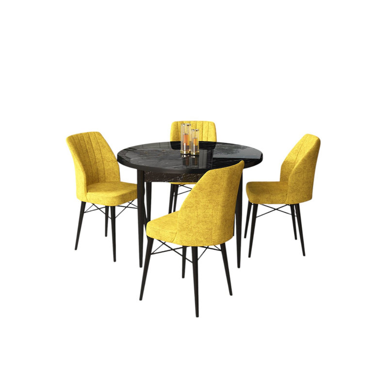Ensemble de table et chaises de salle à manger moderne 5 pièces, marbre noir et moutarde, table: 35,4 po x 29,5 po x 35,4 po | Chaises: 17,7 po x 36,6 po x 16,5 po | Panneau de particules 100% mélaminé, pieds en bois, structure en métal, rembourrage en mousse confortable