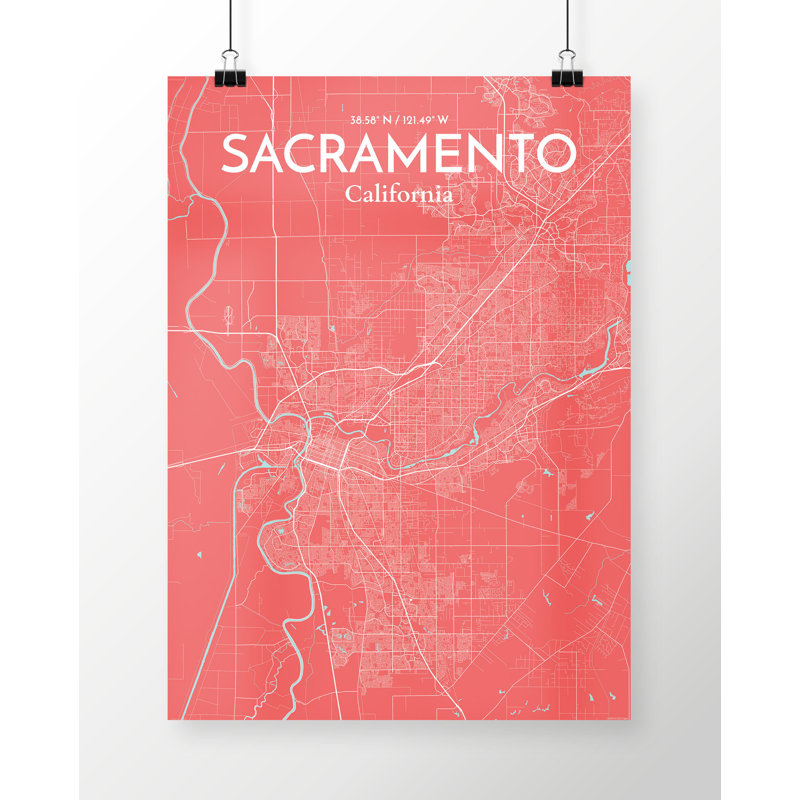 Sacramento City Map - Unframed Graphic Art Print on Paper, 91.4cm H x 61cm W x 0.13cm D, Red