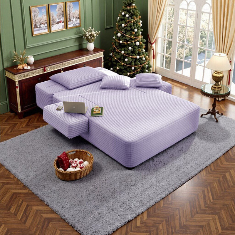 Chaise longue convertible en velours côtelé moelleux avec poche de rangement et support à ressorts, Purple, 1