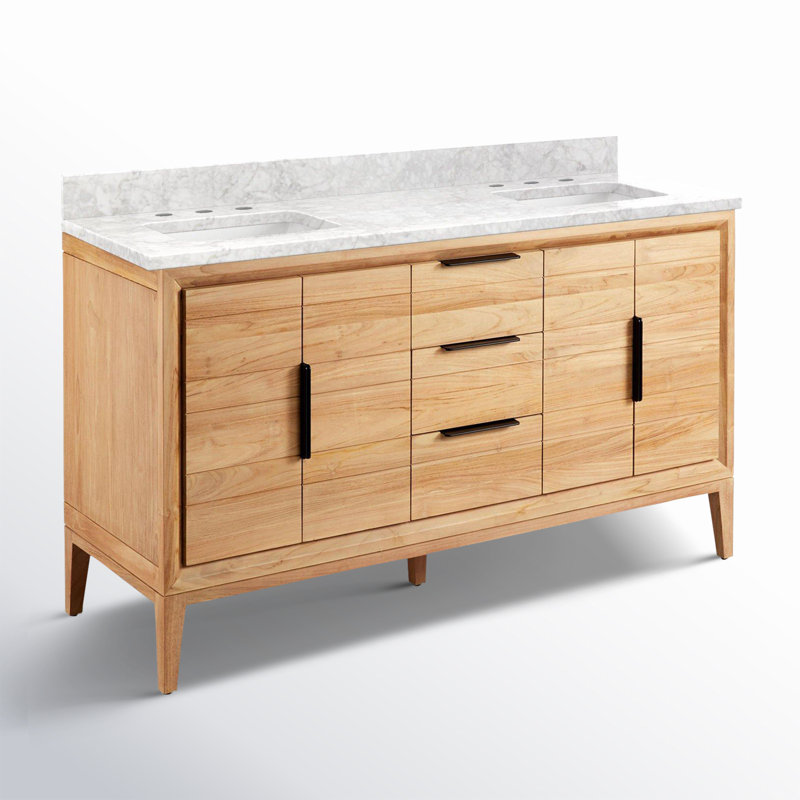 Aliso 60" Double Bathroom Vanity, Carrara Marble, 8" Widespread, Natural Teak