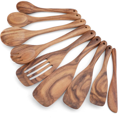 Ensemble d'ustensiles de cuisine en bois de teck fait à la main, ustensiles de cuisine 9 pièces avec cuillères, spatule et cuillère rainurée, durable et écologique pour les cuisines modernes