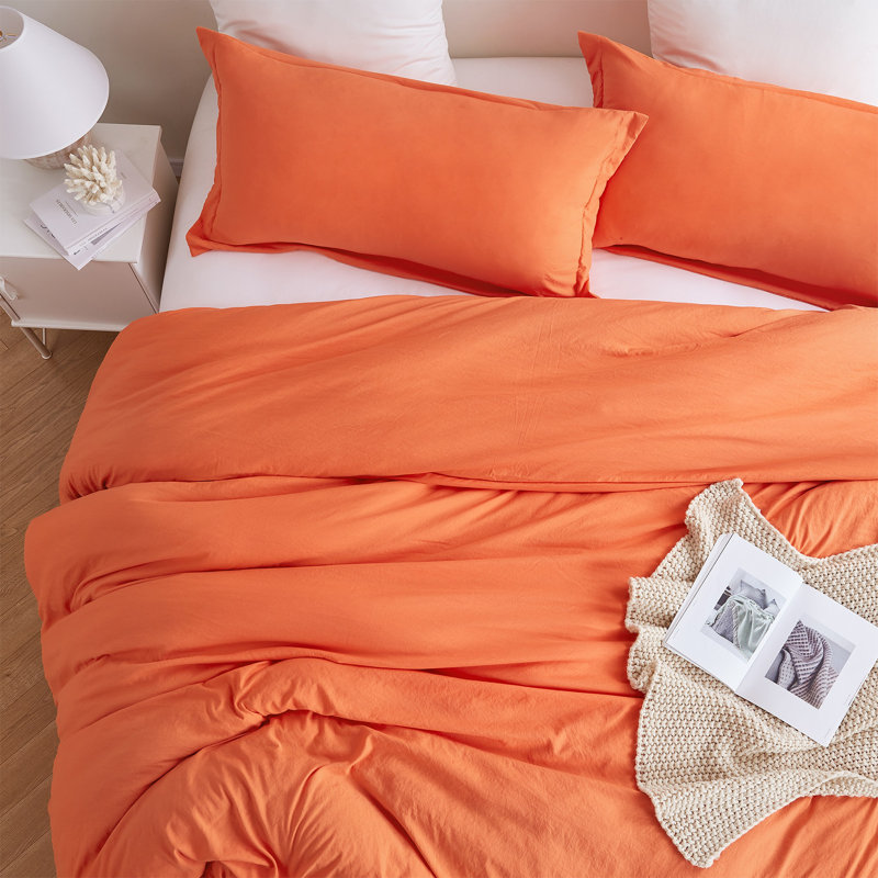 Natural Loft Prewashed Microfiber Duvet Cover Set, Orange, Queen Duver Cover + 2 King Shams