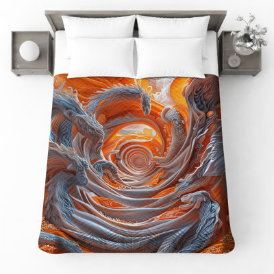 Orange Spiraling Dragons Quilted Bedspread All Sizes