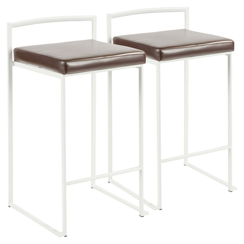 Tabouret de comptoir empilable contemporain Fuji en blanc avec coussin en similicuir brun par Lumisource - 2, Brun