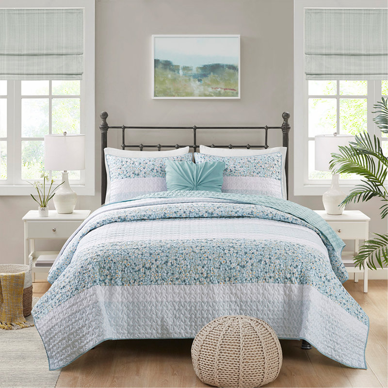 Ensemble de courtepointe pour lit double / grand 4 pièces avec coussin décoratif, motif floral et rembourrage hypoallergénique