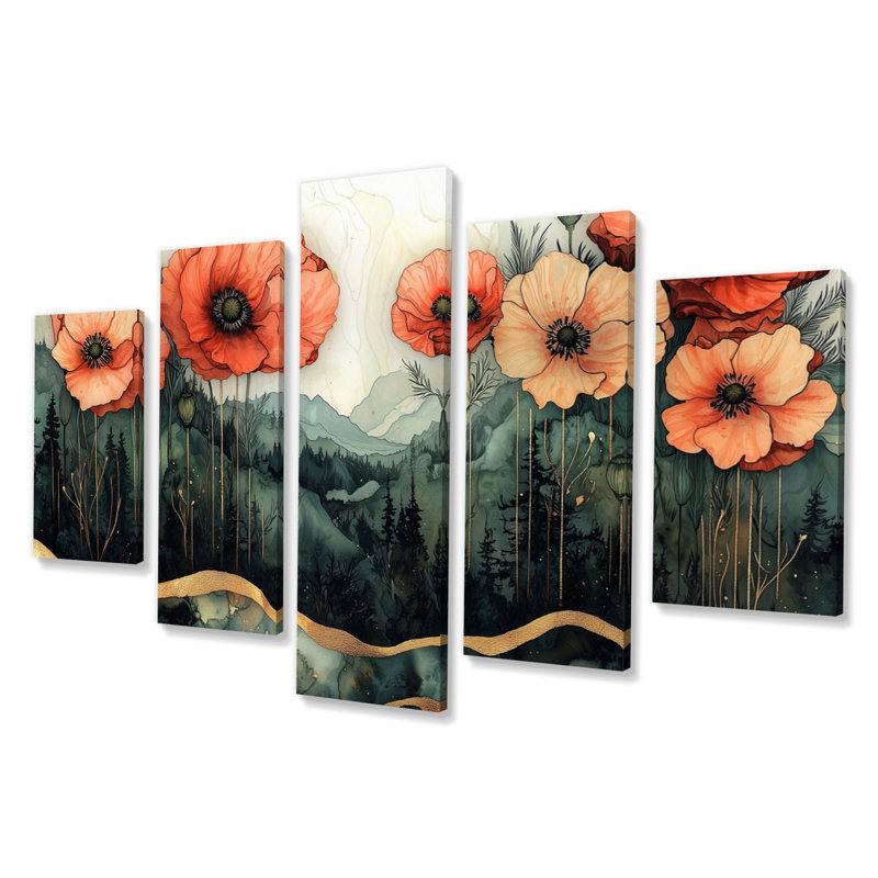 Fleurs de coquelicots sur un sommet de pierres émeraude II - Art mural - ensemble de décorations en diamant