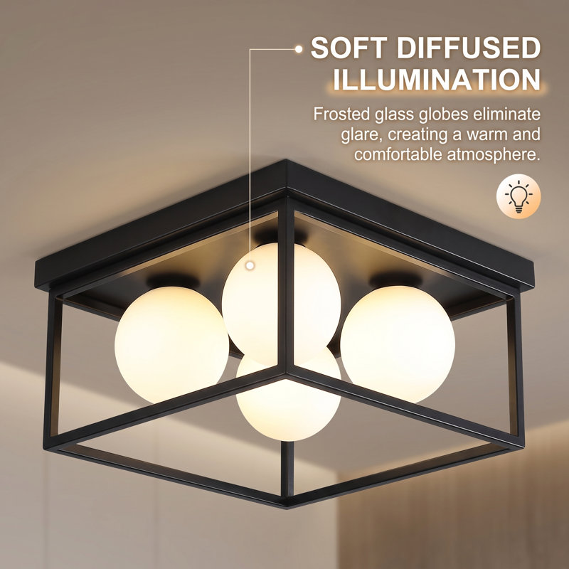 12.6 in. 4-Light Modern Flush Mount Light, Matte Black Finish with Frosted Glass Globes, Matte Black
