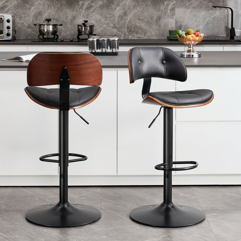 Swivel and  Adjustable Height Bar Stool with Footrest, 2, Black Seat/Black Frame