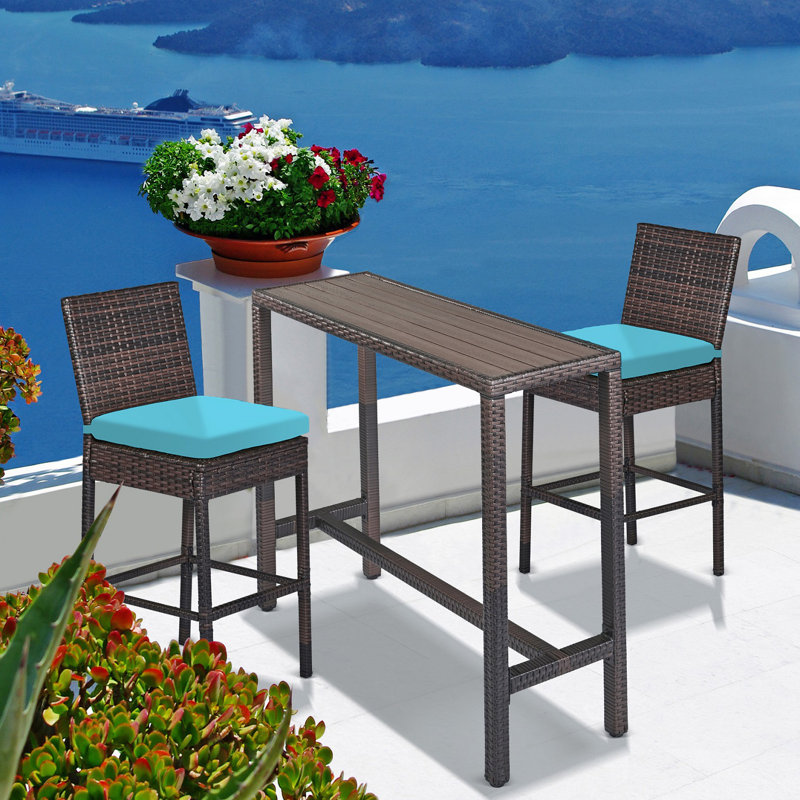 Outdoor Bar Set For Patio 3Pcs Outdoor Bar Table And Chairs Set All Weather Bar Height High Top Outdoor Table And Chairs Wicker Bar Stools Set Of 2 Tall Patio Table For Outside Balcony Brown (Blue)