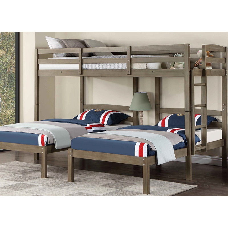 Lit simple triple style transitionnel, bois massif gris chaud, table de chevet encastrée réversible avec prise de courant et garde-corps pour dormir en toute sécurité, matériau principal en bois compatible avec les matelas, tiroir