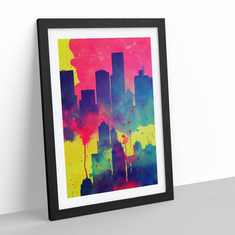 Splashed City Skyline No.4 Abstract - Wall Art, 66cm H x 48cm W, Black Framed, White