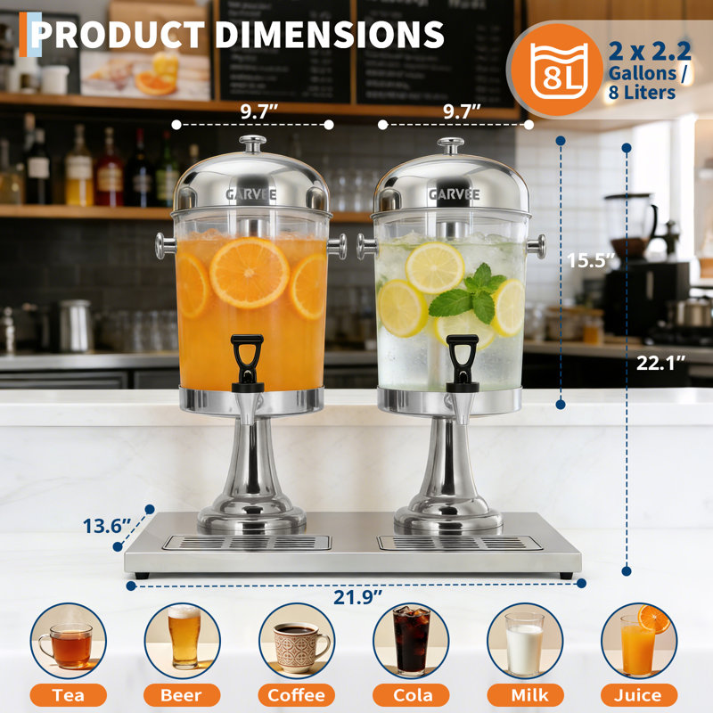 Distributeur de boissons à deux têtes en acier inoxydable de 4,4 gallons avec carotte de glace, support, robinet et égouttoir, distributeur de boissons commerciales pour jus, thé glacé, boissons froides, parfait pour la restauration, les fêtes et les mariages