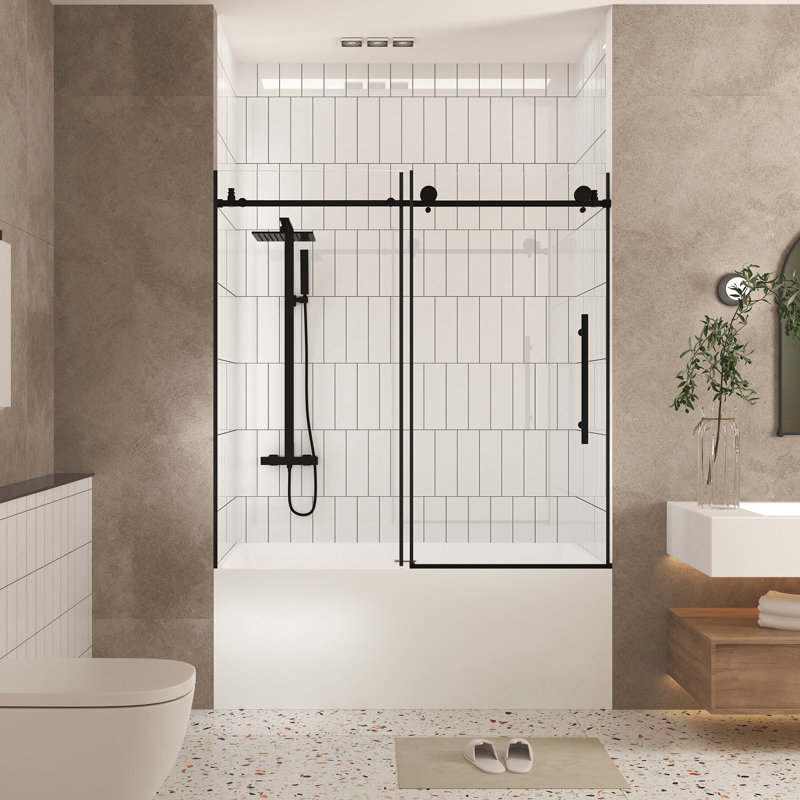 Porte de douche de 60 po de largeur, l 56 po, verre trempé transparent de 6 mm, pellicule résistante, poignée en acier inoxydable rouille, noir mat, protection contre les bris de salle de bain propre et bien rangée
