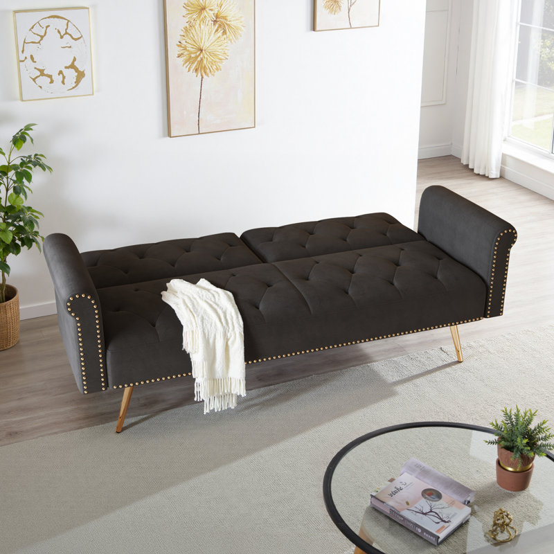 Futon Sofa Bed Convertible Sleeper Sofa Couch Loveseat For for Living Room, Office, Apartment, Black Velvet