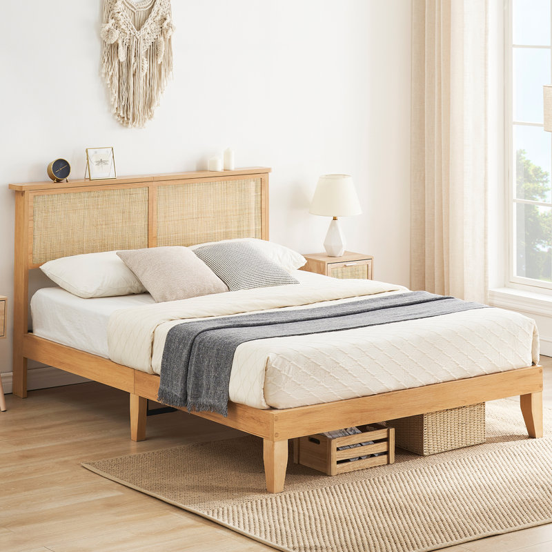 Natural Rattan Queen Bed Frame with LED Headboard and Wood Legs, No Box Spring Needed, Queen