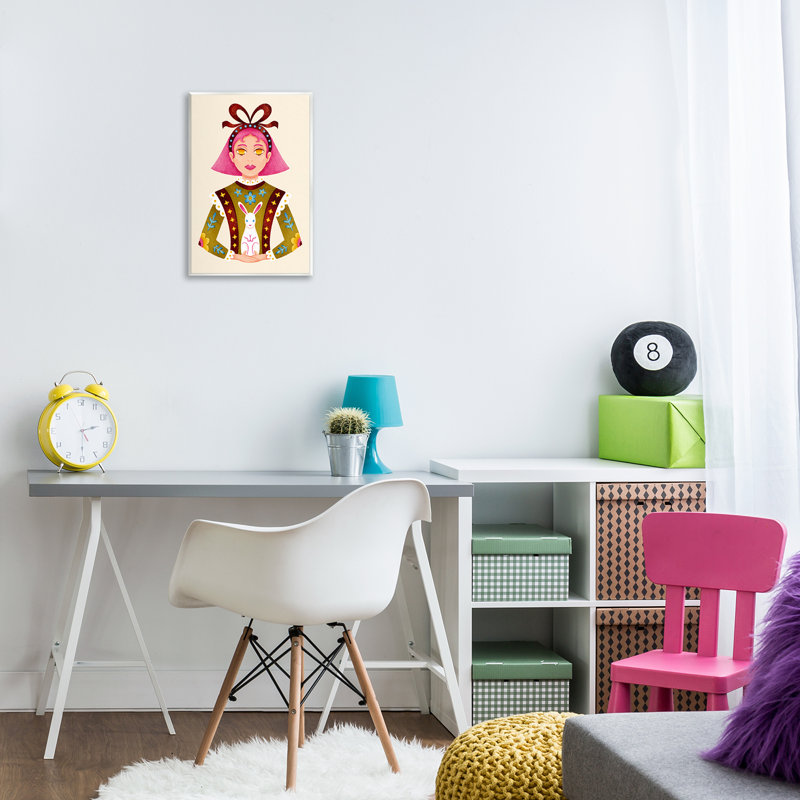Plaque murale fille et lapin aux cheveux roses, design par Hannah Moren, H 19 po x l 13 po