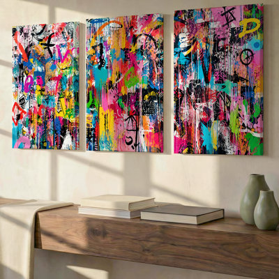 3 Pieces Exculisive Colorful Urban Graffiti Mixed Media Large Wall Art Vibrant Panorama, Modern Canvas Decor for Living Room, Bedroom, Office and Home