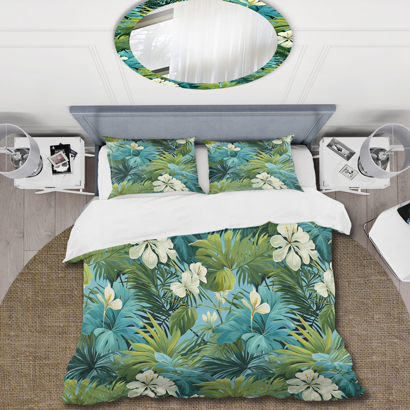 Ensemble de housse de couette bleu azur et vert motif tropical III - Tropical