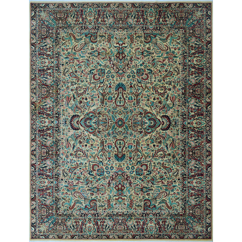 Tapis unique en laine noué à la main beige et bleu de style années 2010 de 9 pi x 12 pi Maere