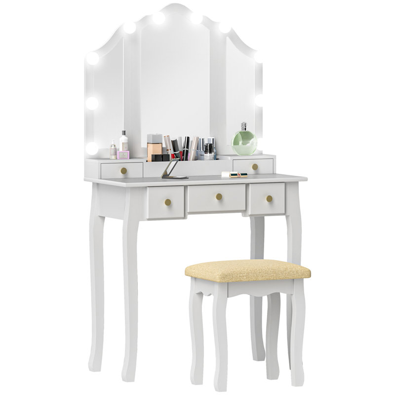 Ensemble de meuble-lavabo avec miroir et tabouret, bureau de meuble-lavabo avec rangement, blanc