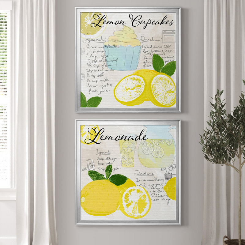 «Lemon Cupcakes», ensemble de 2 reproductions d'impressions, Pas de tapis, Toile encadrée argentée
