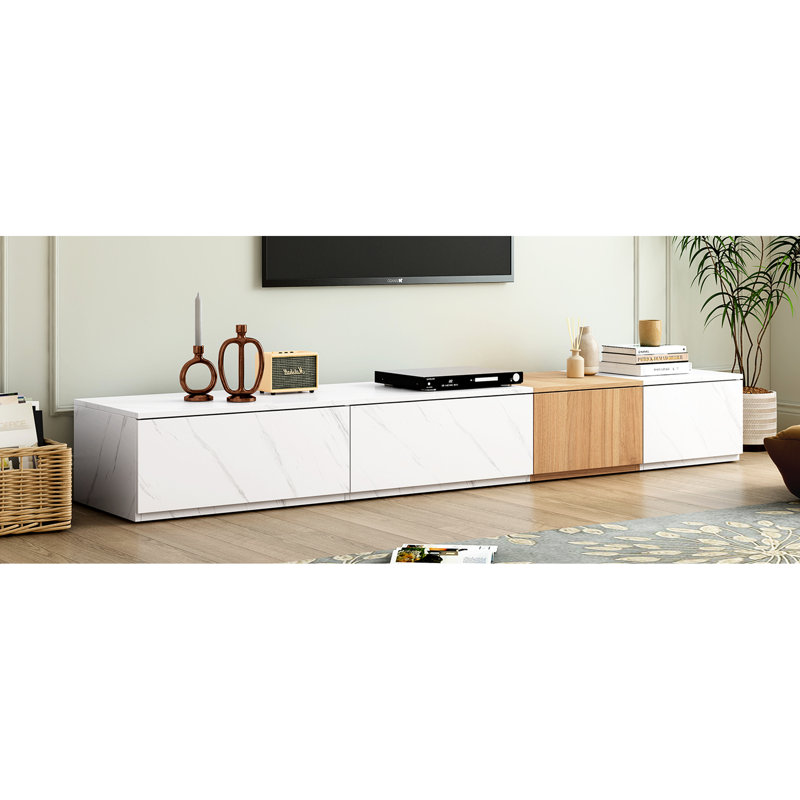 Stylish Tv Stand With Faux Marble & Walnut Finish, 4 Drawer Storage For 88" Tvs, Unit Chic White Walnut, Drawers Living Room Accent