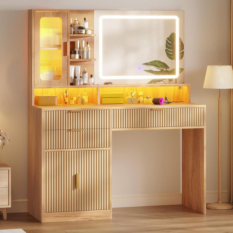 42.5" Fluted Makeup Vanity Desk With Touch Screen Mirror,charging Station & Rgb Lights,and Lights Vanity Table With 3 Drawers & Cabinet & Shelves